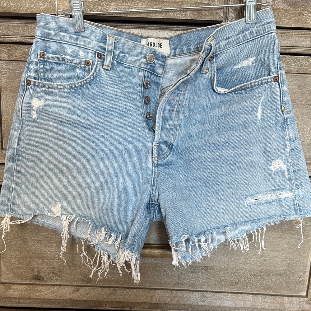 Agolde Distressed Light Blue Jean Shorts